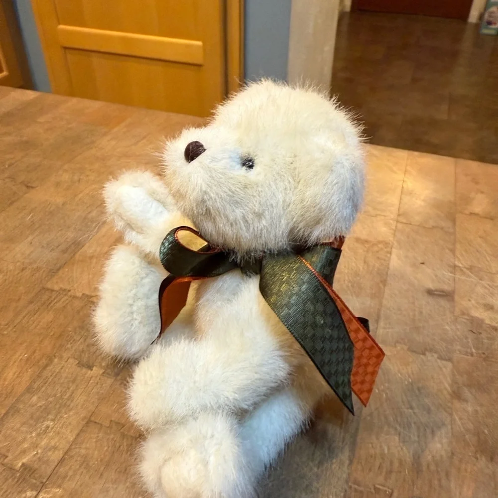 Fall 1988-2002 Boyds Bears White Plush Bear with Green and Orange Bow & Pumpkin